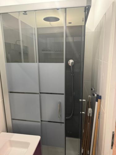 una ducha con puerta de cristal en un baño en Studio BANDOL, en Bandol