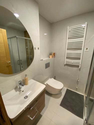 a bathroom with a sink and a toilet and a mirror at Apartman Tornik Relax&Spa 3 in Zlatibor