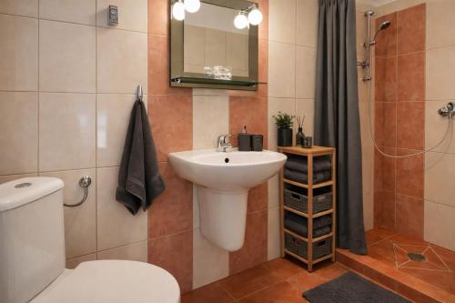 a bathroom with a sink and a toilet and a mirror at Kalipso nad Jeziorem Białym in Okuninka