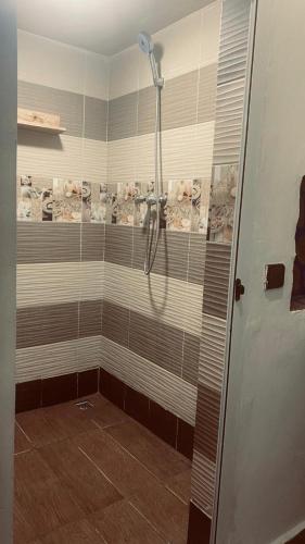 a bathroom with a shower with brown and white tiles at calm stay ouassane in Essaouira