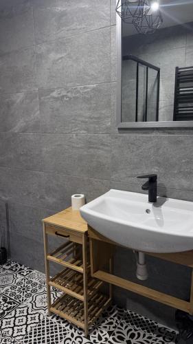 a bathroom with a sink and a mirror at Apartament u Bafiów in Chochołów