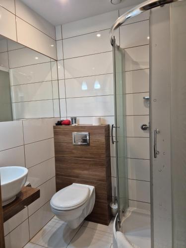 a bathroom with a toilet and a sink and a shower at OW Sorrento in Bystrzyca Kłodzka