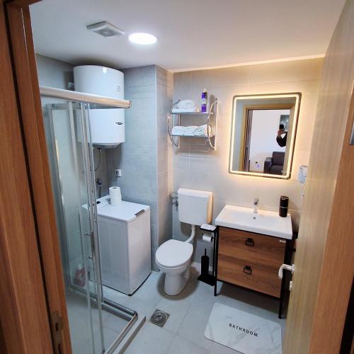 a bathroom with a toilet and a sink and a mirror at Luxury Apartment-Aurora 33 Free Parking City Center in Podgorica