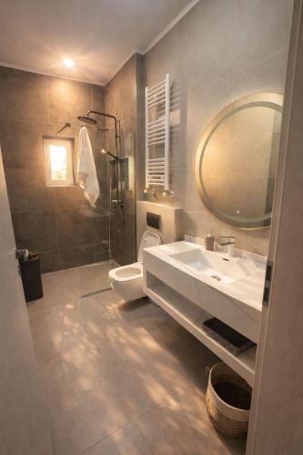 a bathroom with a sink and a toilet and a mirror at Ran Garden Aparts in Popeşti-Leordeni