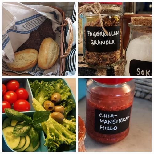 a collage of pictures of different foods and a jar of food at Glamping Marsjön & Sauna in Rejböle
