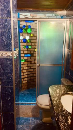 a bathroom with a shower with a toilet and a sink at Hospedaria LARENA in Florianópolis