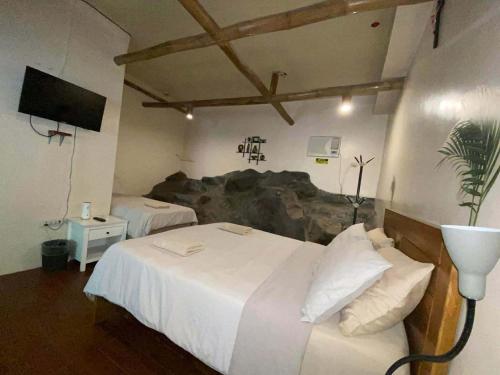 a hotel room with two beds and a tv at Pulangbato Falls Mountain Resort in Dumaguete