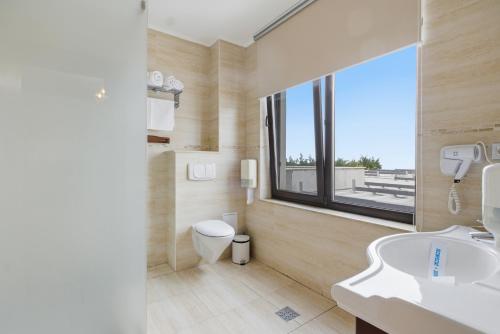 a bathroom with a toilet and a sink and a window at Vila Reyna in Constanţa