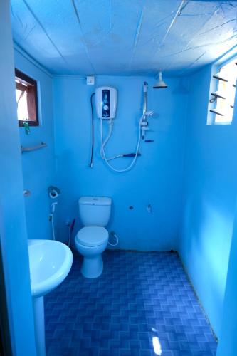 a blue bathroom with a toilet and a sink at MENAKA HOMESTAY in Tangalle