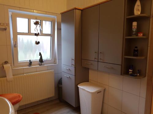 a bathroom with a toilet and a window with a cat in it at Omas Stübchen - Monteurwohnung auf dem Land in Borken