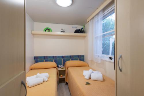 a small room with two beds and a window at Camping Villaggio Il Pilone in Rosa Marina