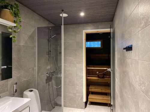 a bathroom with a shower and a toilet and a sink at Villa Anilia in Syöte