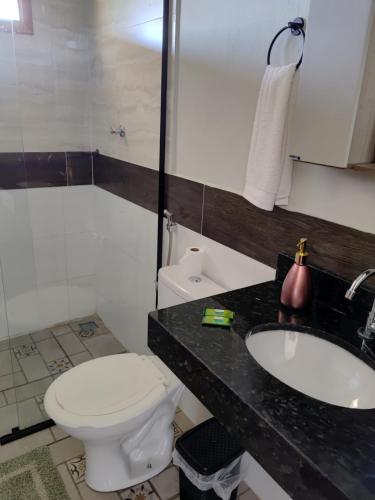 a bathroom with a toilet and a sink at Chalésforquilha in Delfinópolis