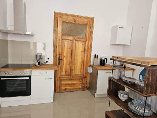 a kitchen with a wooden door and a counter top at Studio Appartement without steps and terrace in Görlitz
