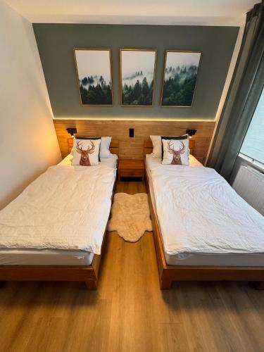 two beds in a small room with three windows at Haus Orion in Eupen