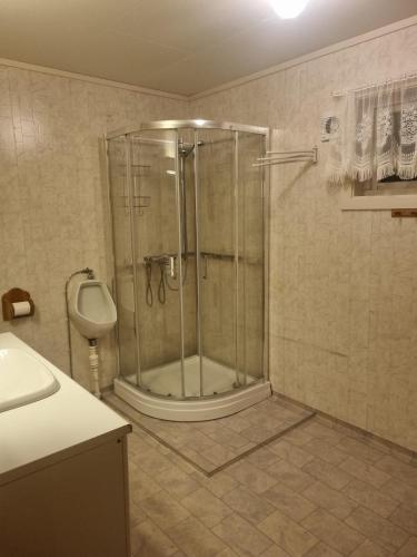 a bathroom with a shower and a toilet and a sink at Idyllic house on a farm in Steinkjer