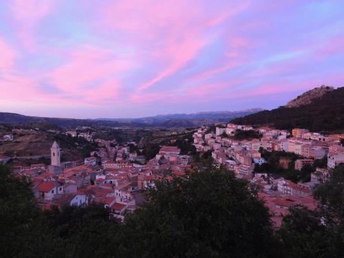 a view of a town with a pink sky at B&B Oasi Tepilora in Bitti