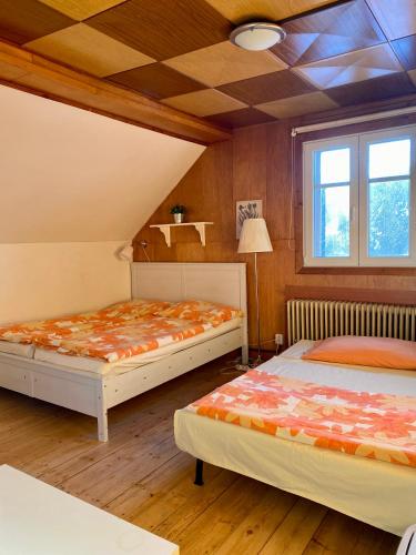 two beds sitting in a room with wooden floors at Turistická Chata Pláně in Český Dub