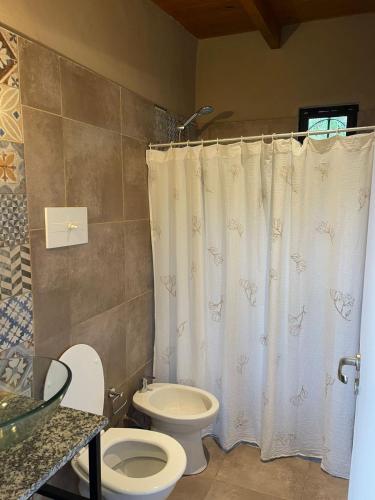 a bathroom with a toilet and a shower curtain at Complejo DOS LUNAS in San Roque