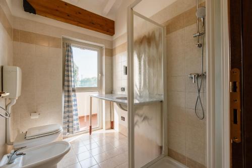 a bathroom with a shower and a toilet and a sink at Il Colombaro in Salò