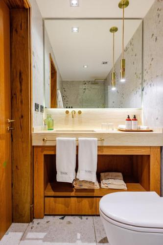 a bathroom with a sink and a toilet and a mirror at House by Casa Septem in Tupungato