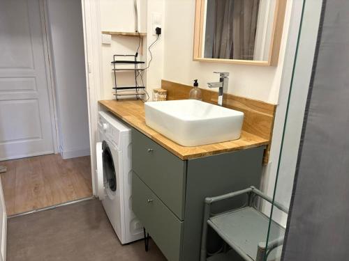 a bathroom with a sink and a washing machine at Larbaud 6 - Hypercentre - Proche Thermes - Spacieux in Vichy