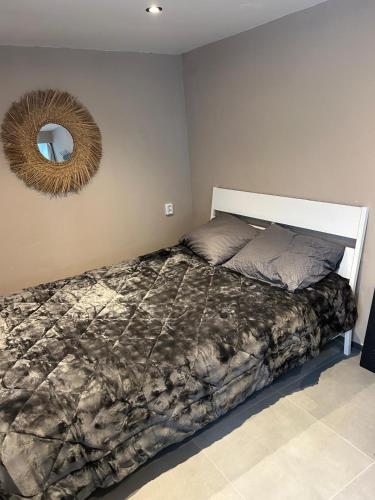 a bedroom with a bed and a mirror on the wall at Tiny House Beachroom in Scheveningen