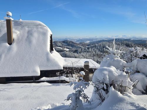 a house covered in snow with trees in the background at PANORAMA RANČ in Ježíci