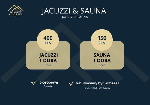 two labels for jazula and sauna on a blue background at Domek w Chmurach II in Kicznia