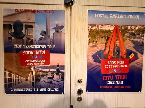 two posters on the door of a building at Hostel Amazing Ionika CenterCity in Chişinău