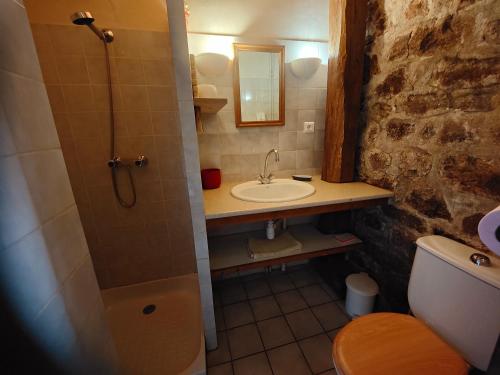 a bathroom with a sink and a toilet and a shower at La Butinerie in Prévenchères
