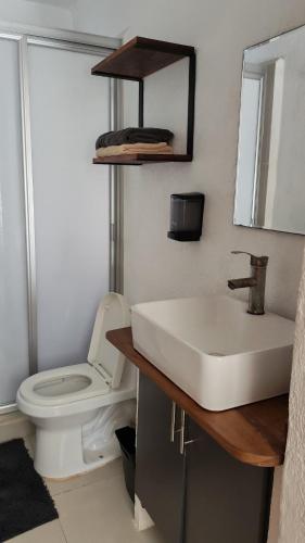a bathroom with a sink and a toilet and a mirror at Suite en área turística de Manzanillo con club de playa in Manzanillo