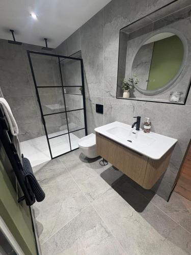 a bathroom with a sink and a toilet and a mirror at Willow Lodge in Ringwood