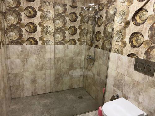 a bathroom with a shower with a toilet at Aquapark Quba Hotel in Quba