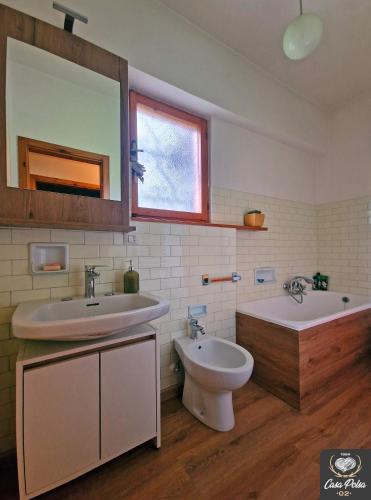 a bathroom with a sink and a toilet and a tub at Casa Polsa 1964 in Brentonico