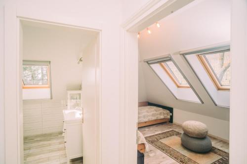a attic bedroom with skylights and a bed at Éliás Borbirtok in Badacsonytomaj