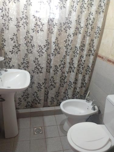 a bathroom with a toilet and a sink and a shower curtain at Cabaña Óga Pora' in Puerto Yeruá