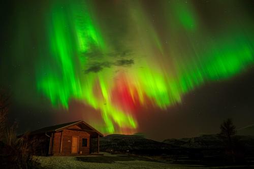 an aurora over a cabin with a building at Hestasport Cottages in Varmahlid