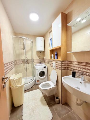 a bathroom with a toilet and a sink and a washing machine at Zenith Apartment - Herceg Novi & Beach & Private Parking in Bijela