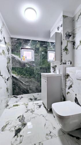 a white bathroom with a sink and a toilet at Downtown City Apartment in Râmnicu Vâlcea