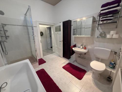 a bathroom with a tub and a toilet and a sink at Ferienwohnung Margrit in Börßum