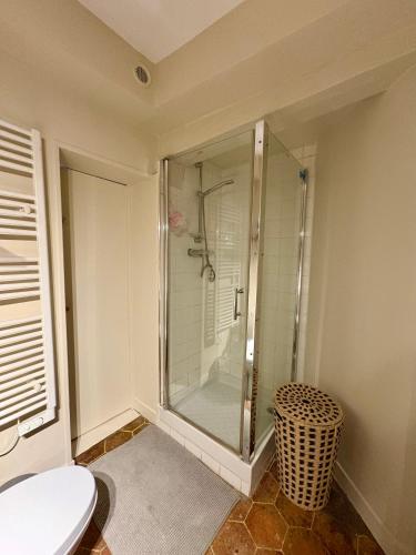 a glass shower in a bathroom with a toilet at Studio parvis Cloitre Notre Dame in Chartres