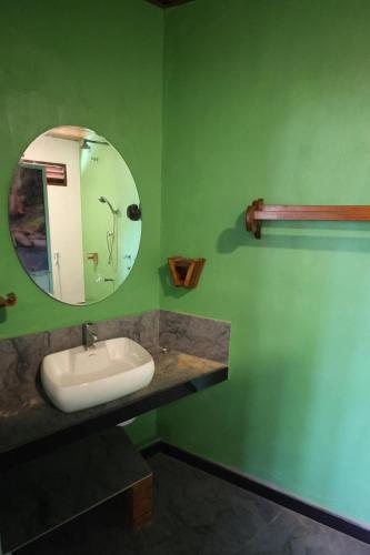 a green bathroom with a sink and a mirror at Green Heaven in Dickwella