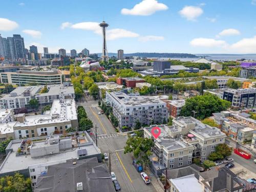 an aerial view of a city with a tower at Free Parking - City Views - Near Attractions in Seattle