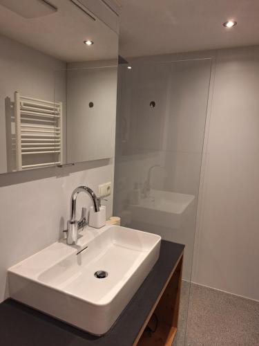 a white bathroom with a sink and a mirror at Ferienhof Muxel in Großdorf