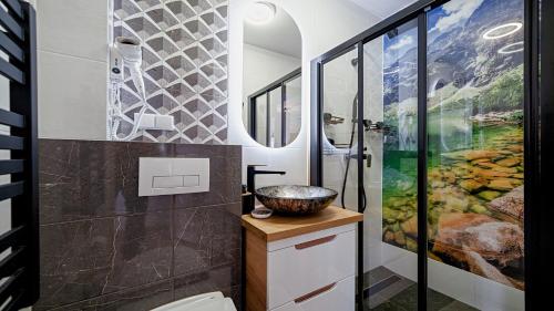a bathroom with a sink and a shower at Apartament Białka J6 in Białka Tatrzańska