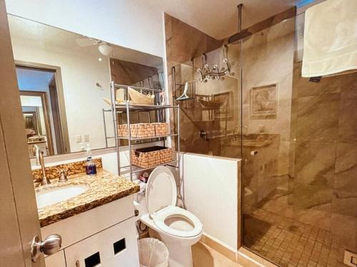 a bathroom with a toilet and a shower and a sink at Pacific Ocean View Punta de Mita in Punta Mita