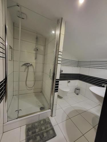 a bathroom with a shower and a sink and a toilet at Kryształowa poddasze in Józefów