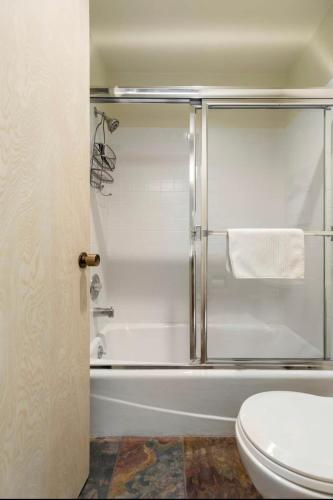 a bathroom with a shower with a toilet and a tub at Snowcreek 569 in Mammoth Lakes