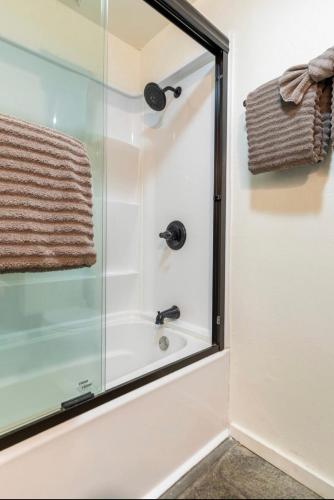 a shower in a bathroom with a glass door at Villa De Los Pinos 15 in Mammoth Lakes